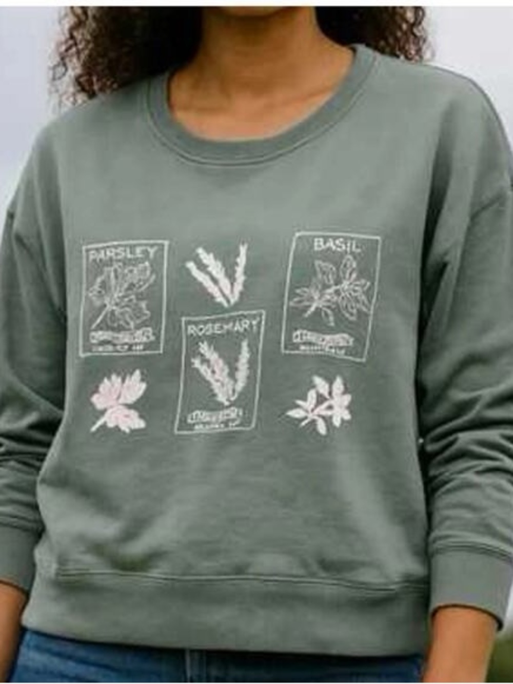 PACT 100% Organic Cotton Green Herbs Graphic Slouchy Sweatshirt Crew Women
